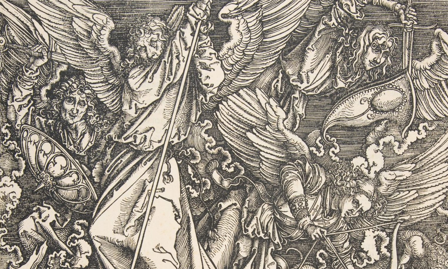 Saint Michael Fighting the Dragon, from The Apocalypse, a woodcut by Albrecht Durer